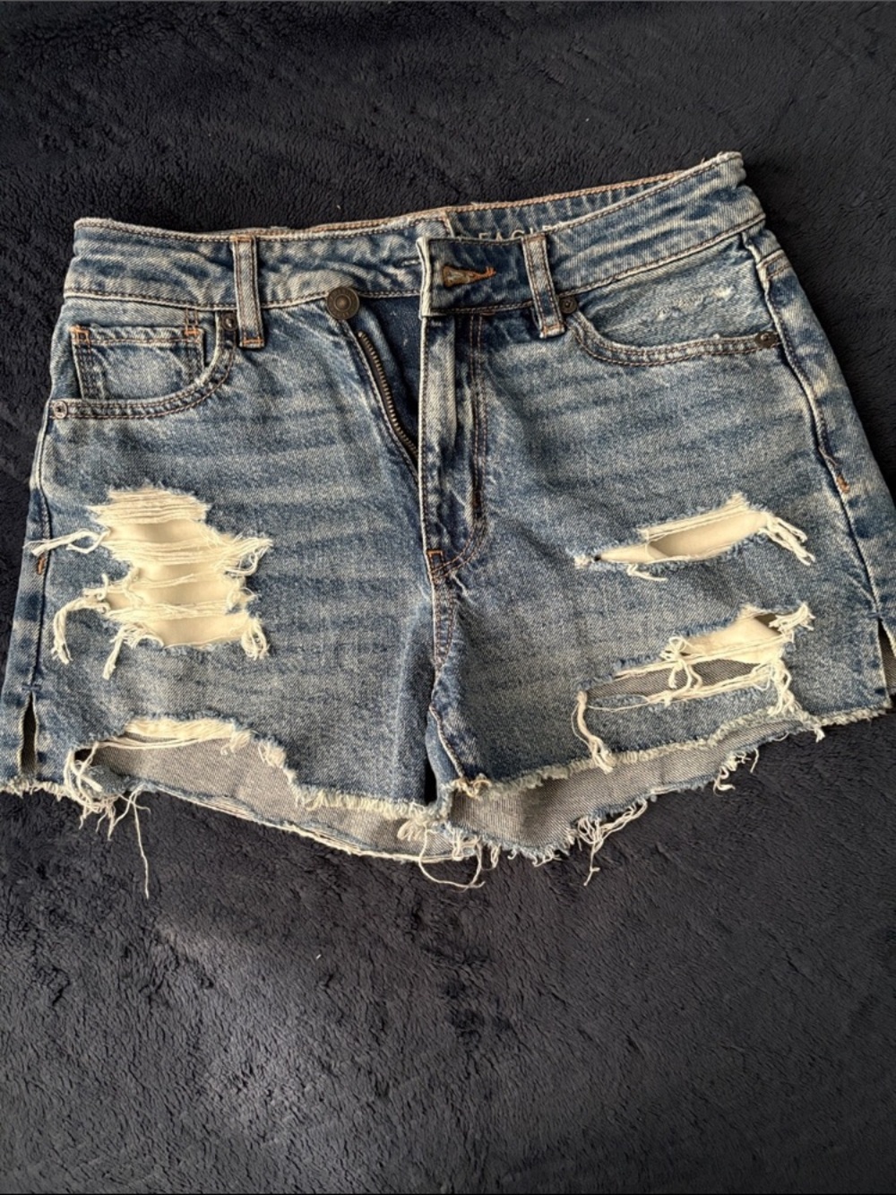 Distressed High-Rise Denim Shorts - Blue